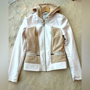 Guess White and Beige Colorblock Faux Leather Moto Jacket Long Sleeves, Hooded